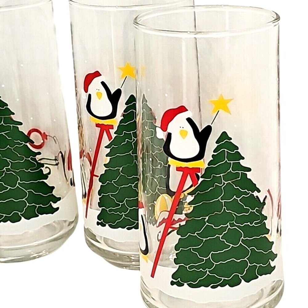 Christmas Tree & Penguins Glass Tumbler 6" holiday Santa hat 14oz set of 4 - Picture 2 of 10